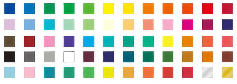A grid of small square color chips in many hues on a white background, including blue, green, yellow, orange, pink, purple, red, brown, gray, black, and white.