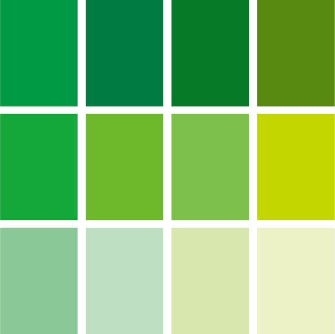 Grid of green color swatches ranging from dark to light.