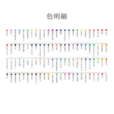Color swatch chart with text on a white background