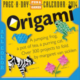 2014 Origami Page-A-Day Calendar with illustrations of origami animals and text on a yellow background