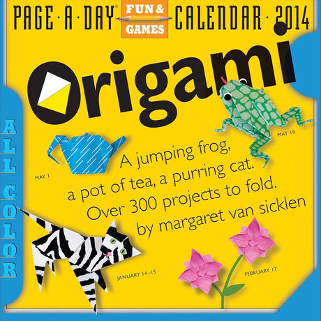 2014 Origami Page-A-Day Calendar with illustrations of origami animals and text on a yellow background