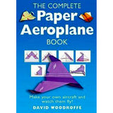 Book cover of 'The Complete Paper Aeroplane Book' by David Woodroffe with illustrations of paper airplanes.