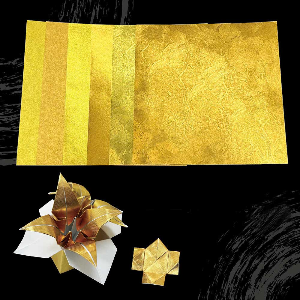 Ehime Shiko Origami Golden Washi | 15x15cm – Shine, Pure Silk & Poppy Patterns | Made in Japan